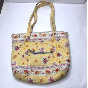Quilted Floral Tote Bag Yellow Pink Roses Blue Gingham Lining Zip Cottage Core